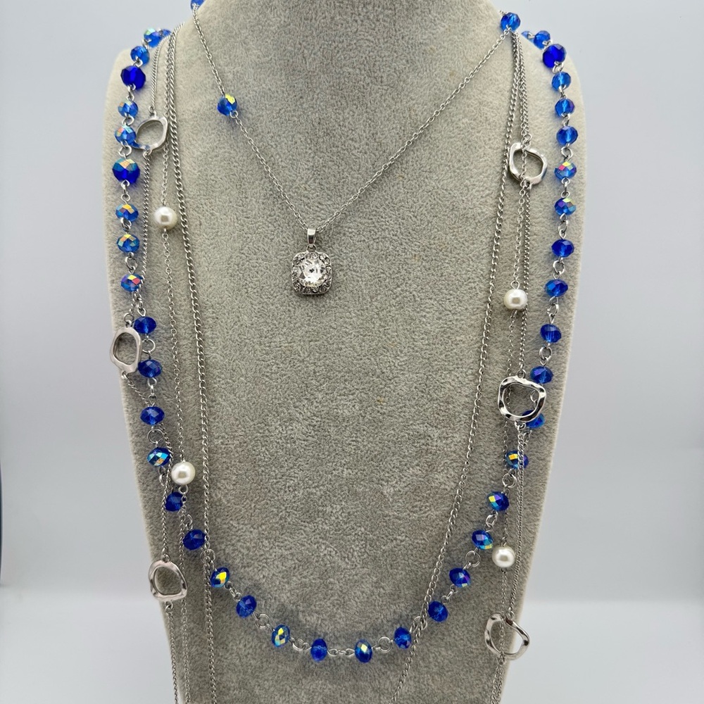 Premier Designs Blue Crystal Pearl Layered Necklace CZ Pendant Silver Tone 21”
